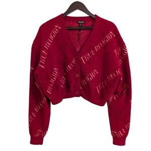 True Religion Fuzzy All Over Logo Cropped Cardigan Sweater - Red - Size Large